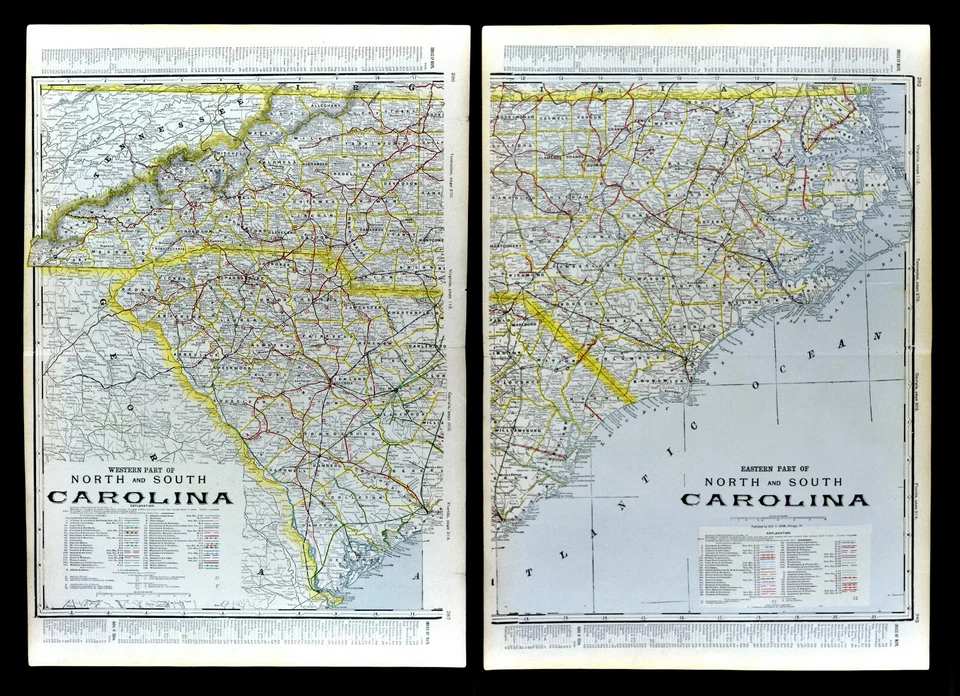 Mapas de ferrocarril Cram 1904 x 2 Carolina del Norte y del Sur Raleigh Charleston Outer Bank Foto 1 de 4