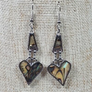 Vintage Abalone Hearts Earrings Silver Tone 2.5 Inch Dangle Drop - Bild 1 von 4