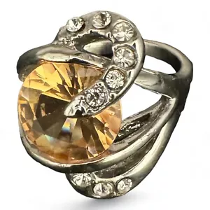 Vtg 70’s Statement Silver Plated W/ Amber Ctr & Clear Rhinestone Accents Ring - Picture 1 of 4