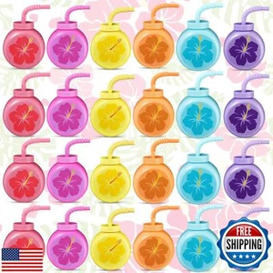 Mifoci 24 Sets Hibiscus Party Favor Cups 10 oz with Straws and Lids Hawaiian - Picture 1 of 5