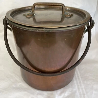 Ancien Chaudron/pot, cuivre étamé, ancien, avec couvercle, hauteur 22,5 cm - Photo 1/4