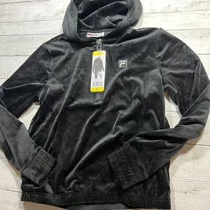 New Fila Womens Black Logo Long Sleeve Velour Quarter Zip Pullover Hoodie Sz. Sm - Picture 1 of 7