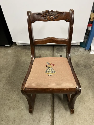 Vintage Child's Rocker Needlepoint Seat, 1940s Small Rocking Chair Tapestry Seat Cover