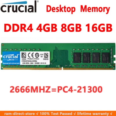 Crucial DDR4 16GB 8GB 4GB 2666 PC4-21300 288pins Desktop Memory Dimm Ram 1.2V - Image 1 of 4