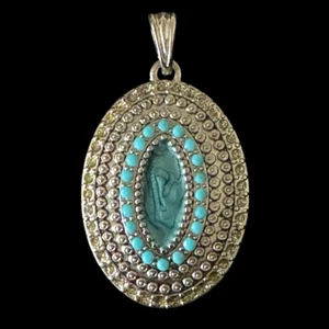 Vintage Oval Boho Pendant Silver Tone Blue Faux Turquoise Enamel Rhinestone - Picture 1 of 6