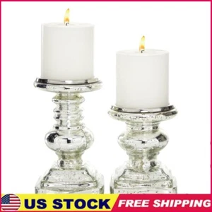 Handmade Silver Glass Pillar Candle Holder Set 2 Decorative Home Accent New - Picture 1 of 16