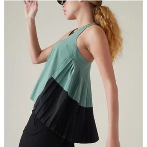 Canotta Athleta Swing Forward plissettata blu nera traspirante nuova con etichetta taglia XS - Foto 1 di 8