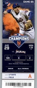 Miami Marlins vs New York Mets 8/29/2016 Full Ticket -  Yoenis Cespedes HR