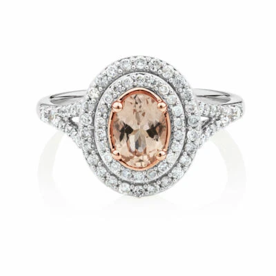 1.3ct Lab-Created Morganite Halo Split Band Birthday Ring 14k White Gold Plated - Image 1 of 3