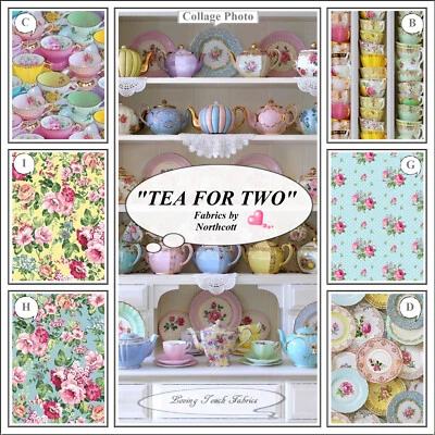 NORTHCOTT, "TEA FOR TWO", TEAPOTS, CUPS, SAUCERS, PLATES, PATTERN, FABRICS
