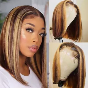 4/27 Brązowe highlight blond peruki krótkie proste koronkowe przód 100% ludzkie włosy kobiety - Zdjęcie 1 z 11