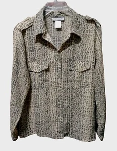 Women's Notations Animal Print Leopard Button Up Long Sleeve Blouse Sz 12 Petite - Picture 1 of 5