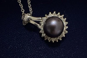 Solid 14K White Gold Gray pearl Diamond Lady’s Ladies Pendant Necklace 18” - Picture 1 of 10