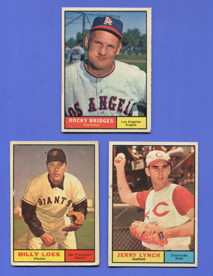 1961 Topps Baseball Lot of 3 ROCKY BRIDGES JERRY LYNCH BILLY LOES - VG-VGEX - Image 1 of 2