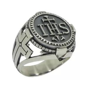Jesuit Sterling Silver 925 IHS the Holy Name of Jesus Cross Men's Coin Ring - Picture 1 of 12