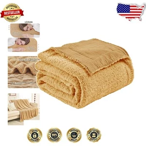 All-Season Muslin Cotton Fleece Twin Blanket - Warm and Cozy for Couch or Travel - Picture 1 of 10