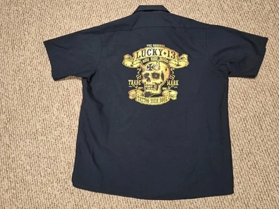 Lucky 13 Shirt Mens XL Red Kap Workwear Button Up Skull Biker - Image 1 of 4