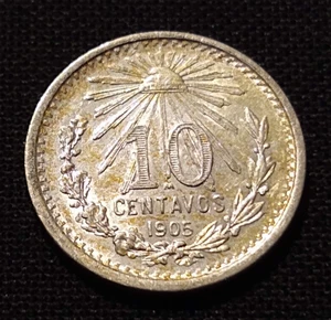1905 Mexiko 10 Centavos AU BU groß Silber 1/10 Peso Glanz Original Weltmünze - Bild 1 von 2