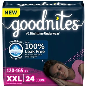 Goodnites Girls' Nighttime Underwear XXL 120-165 lbs 24 Ct 2 Packs - Picture 1 of 9