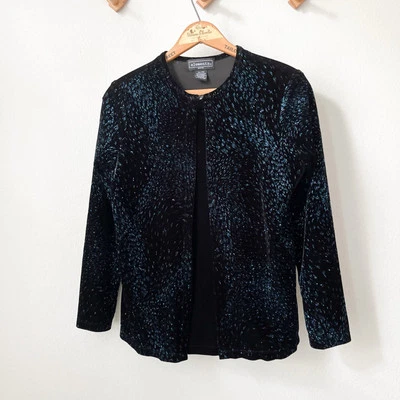 90s black blue velour faux tank jacket set stretch sparkly M PETITE - Image 1 of 4
