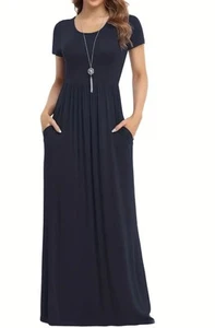 Ranlege L US Size 8/10 Pocket Short Sleeve Dk Blue Long Maxi Dress New Free Ship - Picture 1 of 2
