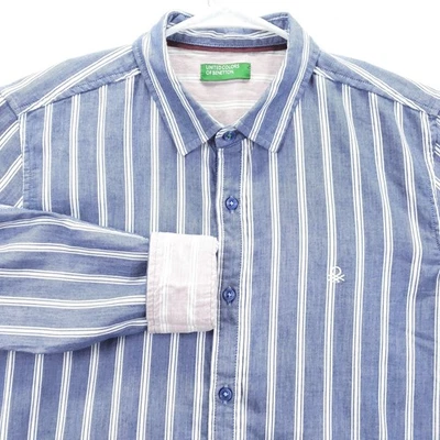 Рубашка мужская United Colors of Benetton средняя синяя в полоску с откидными манжетами с длинным рукавом - Изображение 1 из 4