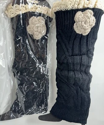 2 pares de calcetines calentadores de piernas negros para damas con encaje y flor de ganchillo beige talla única Foto 1 de 4