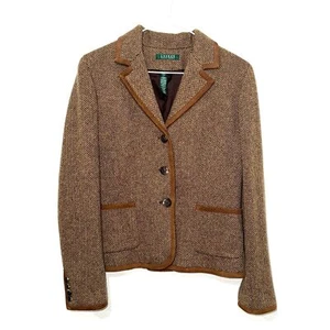 Lauren Ralph Lauren Wool/Goat Suede Trim Herringbone Blazer - Brown/Tan 10 - Picture 1 of 8