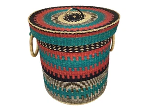 Handgefertigter Wäschekorb mit Deckel, afrikanischer Korb, Ghana Aufbewahrungskorb, großer Korb - Bild 1 von 1