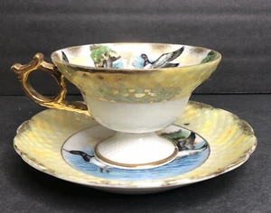 Royal Sealy China Pedestal Cup Saucer Flying Wild Ducks Yellow Lusterware READ - Picture 1 of 8