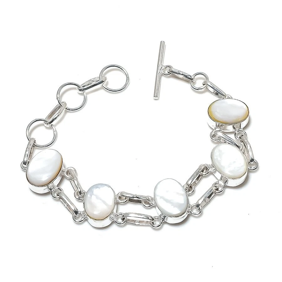 Mother of pearl Gemstone Handmade 925 Sterling silver Jewelry Bracelet Sz 7-8'' - Image 1 of 1