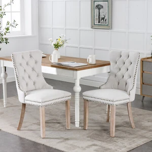 Set of 2 Linen Fabric Upholstered Dining Chairs Nailhead Trim Wooden Legs Beige - Picture 1 of 9
