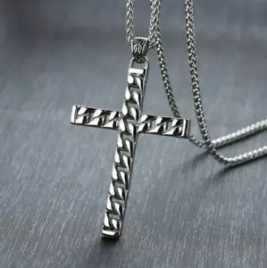 Men's Quality Stainless Steel Retro Cross Chain Pendant Necklace - Picture 1 of 3