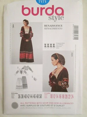 Burda 7171 Misses Renaissance Costume Pattern 10-24 Snood Bodice Skirt Uncut FF - Image 1 of 3