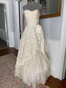 1950s wedding gown tea length strapless cupcake tulle wedding dress by Corrine Original Size M