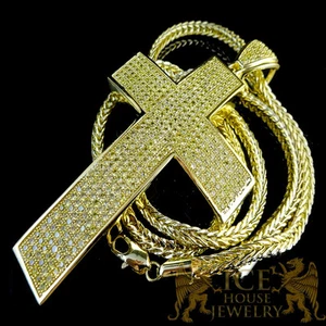 MEN'S HIGH QUALITY LAB SIMULATE DIAMOND GOLD FINISH JESUS CROSS CHARM PENDANT  - Picture 1 of 8