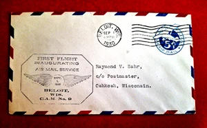 Cubierta inaugural del primer vuelo Beloit Wisconsin Beloit-Oshkosh 1 de septiembre de 1930 CA M #9 - Imagen 1 de 1