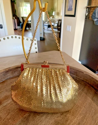 Vintage Whiting & Davis Gold Mesh with Red Bakelite Original Mirror & Comb NICE! - Image 1 of 4