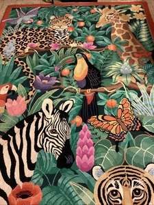 Vtg Jungle Themed Tropical Animals Hooked Area Rug Wool Shanghai 65” X 101”  - Picture 1 of 22