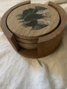 Thirstystone Sandstone Set Of 4 Coasters Common Loons Birds W/wooden holder - Picture 1 of 8