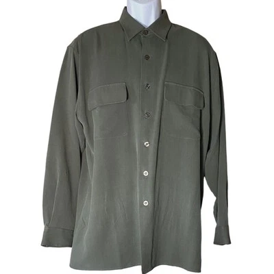 NORM THOMPSON Mens Large 100% Silk Okra Green Check Button Front Shirt - Image 1 of 4