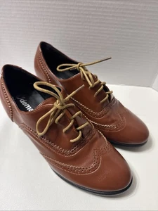 Odema Brown Faux Leather Oxford Wingtip Brogue Heels Booties Shoes Sz 40 9 9.5 - Picture 1 of 12