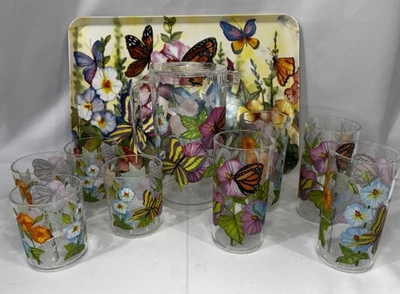 🦋1998 KATHLEEN PARR MCKENNA SERVING TRAY, PITCHER, CUPS- FLOWERS BUTTERFLY - Image 1 of 4