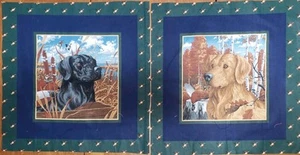 Vtg Quilt Panel Blocks LOT of 2 Fabric HUNTING Dogs RETREIVER Cotton 18x17.5 - Picture 1 of 3