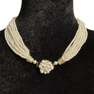 Vintage Multi-strand Ivory Simulated Pearl Necklace Cluster Clasp - Picture 1 of 5