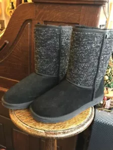 Minnetonka Hoch Wildleder Tweed Stiefel Schafsfell/Wolle Futter Black 10M, Neu - Bild 1 von 9