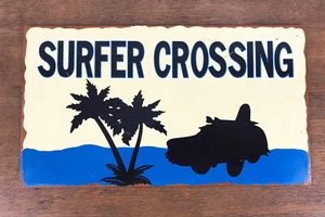 Surfer Crossing Metal Tin Wall Decor Sign 8.5 X 15 - Picture 1 of 4