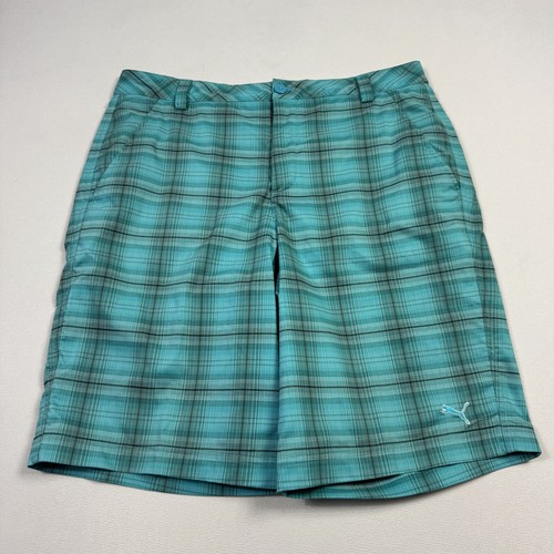 Pantaloncini da golf PUMA uomo chino piatto davanti a quadri poliestere spandex turchese taglia 34