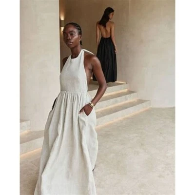 Vestido midi de lino Dissh Cooper AU 16 US 12 beige natural minimalista usado en excelente estado Foto 1 de 4