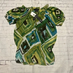 Ya-da Women Silk Short Sleeve Ruffle Tie Blouse Size Small Green Geometric - Picture 1 of 7